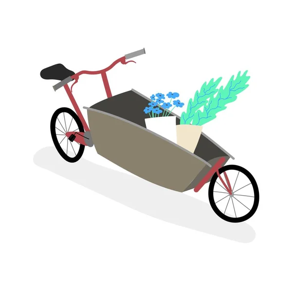 Грузовой Велосипед Простой Плоский Ручной Рисунок Стоящий Парковке Домашними Цветами — стоковый вектор
