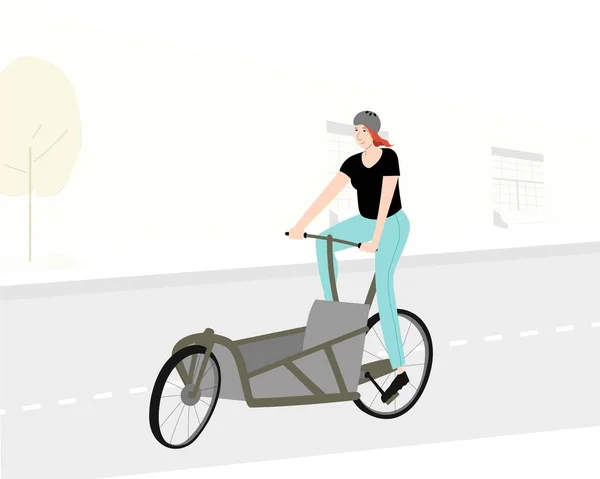 Mulher Esportiva Andando Bicicleta Carga Vazia Estrada Cidade Composição Bakfiets —  Vetores de Stock