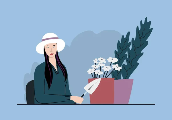 Mulher Flores Vaso Sentado Mesa Seu Local Trabalho Uma Jardineira — Vetor de Stock