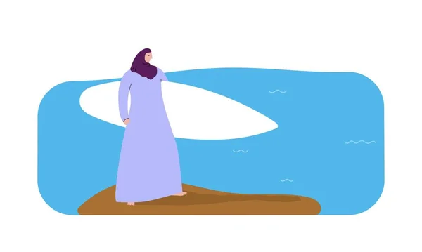 Mulher Muçulmana Vestido Longo Hijab Uma Rocha Praia Segurando Prancha — Vetor de Stock