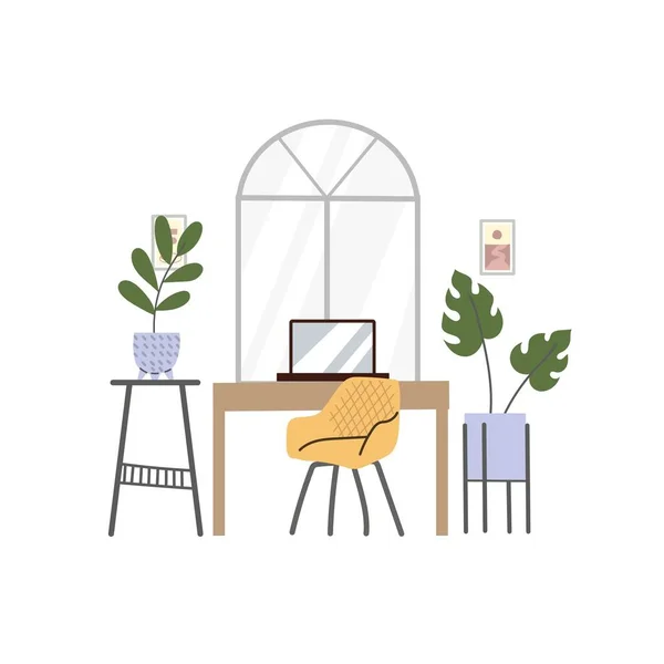 Illustration Des Arbeitsbereichs Mit Schreibtisch Sessel Und Laptop Fenster Und — Stockvektor