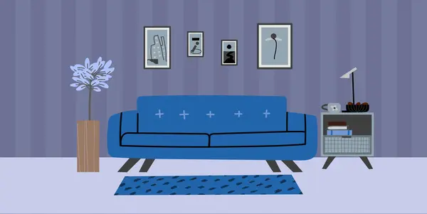 Einfache Komposition Von Möbeln Einem Gemütlichen Wohnzimmer Der Nacht Innenarchitektur — Stockvektor