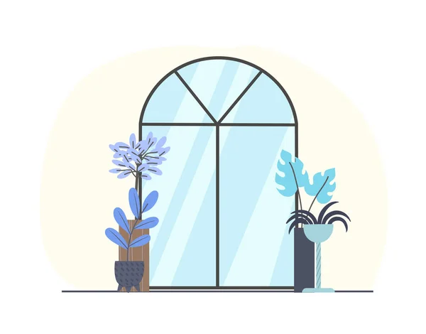 Eenvoudige Glazen Voordeur Met Potplanten Buitenaanzicht Vlakke Minimale Achtergrond Met — Stockvector