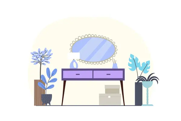 Tafel Met Spiegel Huisplanten Pastelkleuren Achtergrond Platte Stijl Illustratie Met — Stockvector