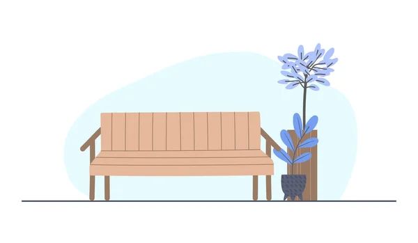 Flache Cartoon Außenbank Isoliert Mit Blumentöpfen Daneben Einfache Minimale Illustration — Stockvektor