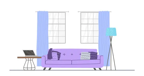 Einfaches Handgezeichnetes Wohnzimmer Mit Sofa Und Fenstern Pastellfarben Vektorillustration — Stockvektor