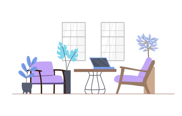 Очікування Затишного Дизайну Кімнати Фіолетовими Стільцями Журнальним Столиком Плоска Ілюстрація — стоковий вектор