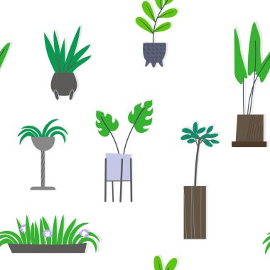 Beyaz arka planda çiçek saksıları olan el çizimi, pürüzsüz desen. Yeşil yapraklı karalama bitkileri gerçekçi çizgi film tarzında. - Evet. Vektör illüstrasyonu