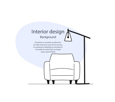 İç tasarım ev tasarımı, arka planda ve metinde açık mavi alan bulunan koltuk ve zemin lambası bileşimi. Düzenlenebilir vektör illüstrasyonu