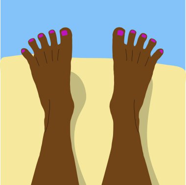 Yaz tatilinde sahilde siyah derili ayaklar. Deniz kıyısında dinlenen Afrikalı birinin ayakları. - Evet. Vektör illüstrasyonu