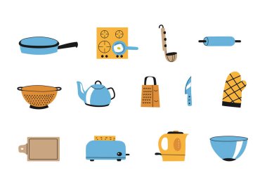 Mutfak eşyaları renkli ikonlar ayarlandı. Yemek pişirmek için mutfak aletleri. Çizgi film düz stil, siyah kalın çizgi elementleri var. Vektör illüstrasyonu