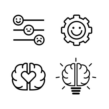 Duygusal zeka, duygular ve zihinsel sağlık alanı için bir takım ikonlar. Doğrusal simgeler. Vektör illüstrasyonu