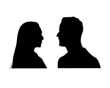 Çift silueti. Kadın ve erkek tartışıyor, birbirleriyle konuşuyorlar. Yetişkinlerin portresi. Vektör illüstrasyonu