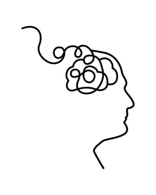 Akli dengesizliğin sembolü olarak dağınık iplikle insan profilinin sürekli çizdiği bir çizgi. Vektör illüstrasyonu