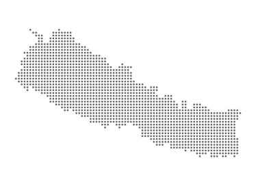 Beyaz arka planda izole edilmiş, düzenlenmesi kolay, vektör noktalı Nepal haritası. Vektör illüstrasyonu