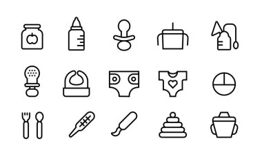 Düzenlenebilir felçli çizgi simgeleri, bebek besleme ve bakım araçları. Vektör illüstrasyonu