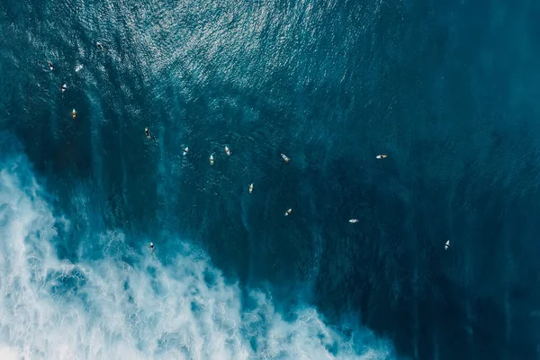 Aerial View Surfers Blue Ocean Waves Bali Island Top View — Stock Photo, Image