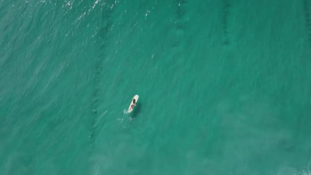 冲浪女孩抛掷冲浪板 在蓝色的大海中横渡浪花 空中景观 — 图库视频影像