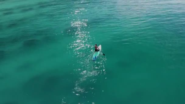 Man Stand Paddle Board Blue Sea Surfer Training Sup Board — Vídeos de Stock
