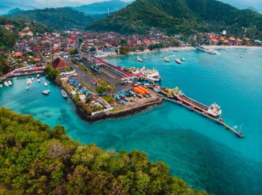 Aerial view of the Padang Bai harbor in Bali, Indonesia. Ferry coming go to Lombok