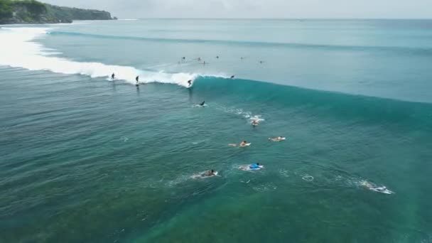 Aerial View Ocean Surfer Ride Perfect Wave Bali — Vídeo de Stock