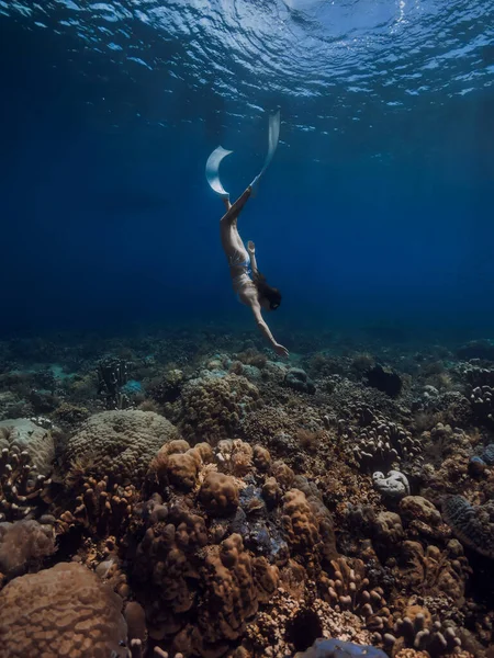 Buceador Libre Con Aletas Sumergirse Las Profundidades Del Océano Azul —  Fotos de Stock