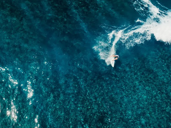 波の上でサーフィンと空中ビュー 透明度の高い海でサーファーとの完璧な波 — ストック写真