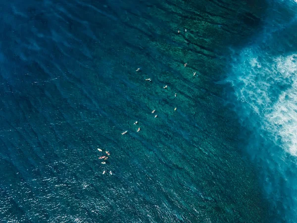 在透明的蓝色海洋中冲浪的人 热带岛屿上的冲浪点 空中景观 — 图库照片