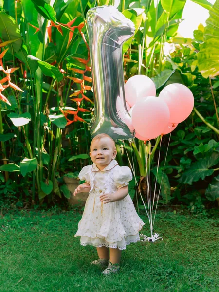 Birthday Cute Baby Girl Air Balloons Outdoor Garden Happy Child — Stock Photo, Image