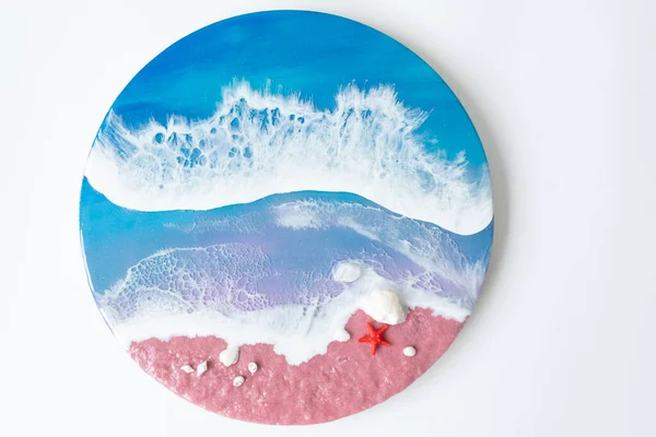Мистецтво Смоли Морськими Хвилями Пляжем Невеликими Зірками Мистецтво Епоксидної Фарби — стокове фото