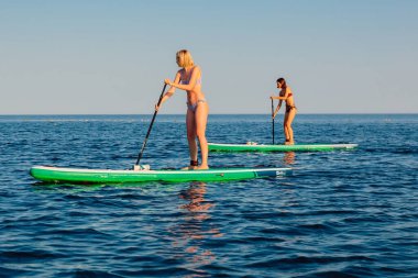 30 Temmuz 2022. Budva, Karadağ. Mavi denizde kürek çeken bir grup kadın. Okyanusta Red Paddle SUP sörf tahtasında yüzen kadınlar.