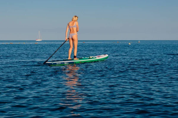 July 2022 Budva Montenegro Slim Blonde Woman Stand Paddle Board — Stock Photo, Image