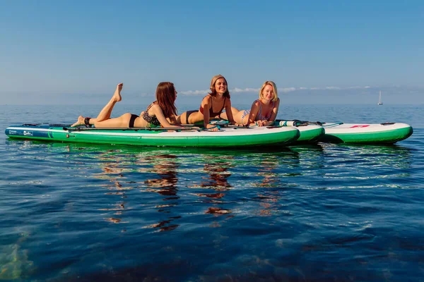 July 2022 Budva Montenegro Attractive Young Girls Stand Paddle Board — Stock Photo, Image