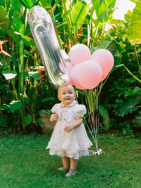 Γενέθλια Χαριτωμένο Κοριτσάκι Μπαλόνια Αέρα Εξωτερικό Κήπο Ευτυχισμένο Μικρό Παιδί — Φωτογραφία Αρχείου