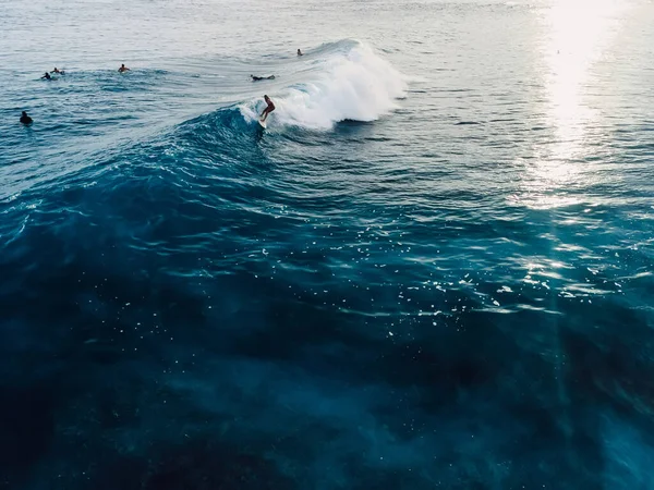 波の上でサーフィンの空中ビュー 熱帯の海で波に乗ってサーファー — ストック写真