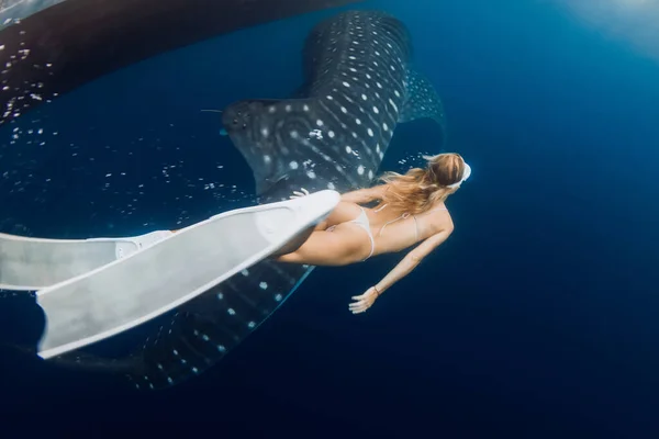 Giovane Donna Magra Squalo Balena Nell Oceano Blu Silhouette Squalo — Foto Stock
