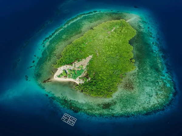 Vista Aérea Com Ilha Selvagem Trópicos Oceano Com Recife Coral — Fotografia de Stock
