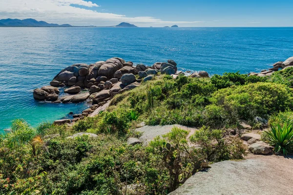 Tropikalne Wybrzeże Roślinami Niesamowitymi Skałami Turkusowym Spokojnym Oceanem — Zdjęcie stockowe