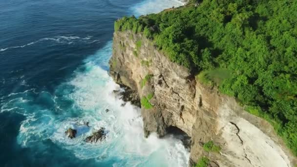 Litoral Com Falésias Floresta Oceano Com Ondas Uluwatu Bali — Vídeo de Stock