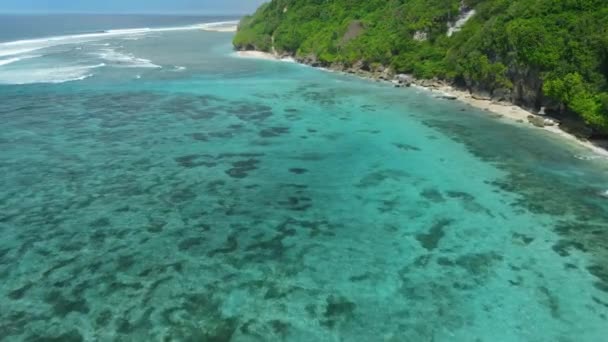 Trópusi Tengerpart Türkiz Óceánnal Hullámokkal Indonéziában Légi Felvétel — Stock videók