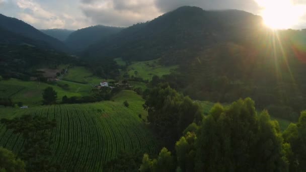 Luftaufnahme Einer Landschaft Mit Feldern Und Bergen Bei Sonnenuntergang Der — Stockvideo