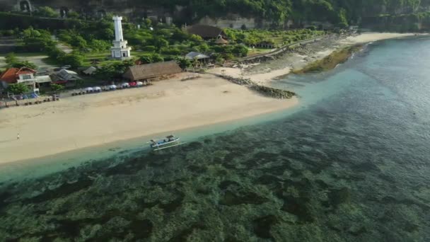 Tropical Beach Fishing Boat Ocean Bali Island Aerial View Vacation — Stock Video