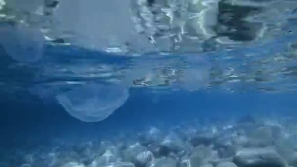 Víz Alatt Kék Óceán Átlátszó Víz Kövek Fenék Visszaverődés Hullámok — Stock videók