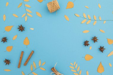 Sonbahar Şükran Günü kompozisyonu mavi arka planda sonbahar yapraklarından oluşur. Düz yatış, üst görünüm.