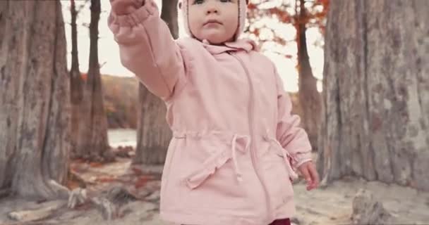 Enfant Fille Jouant Milieu Des Arbres Automnaux Petite Fille Dans — Video