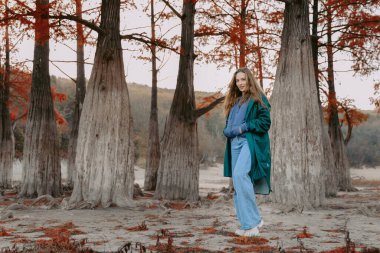 Parkta yürüyen ve kameraya bakan çekici bir kadın. Sonbahar ormanlarındaki insanlar.