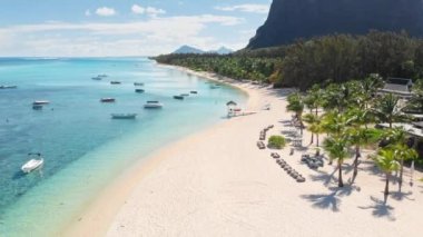 Mauritius 'ta tropik lüks plaj. Palmiyeleri, atları ve mavi okyanusları olan kumsal. Hava görünümü