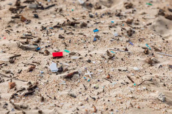 Okyanus sahilindeki kumda plastik çöp. Kıyı şeridindeki mikro plastik çöplerin kirliliği