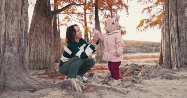Szczęśliwa Matka Jej Słodkie Dziecko Dziewczyna Spacery Zabawy Jesiennym Parku — Wideo stockowe