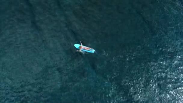 Vue Aérienne Surfeuse Ramant Sur Planche Surf Dans Océan Bleu — Video